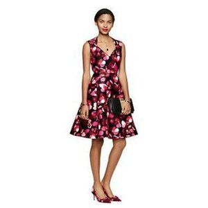 Kate Spade Retro Cocktail Dress Falling Florals Black Red Fit Flare V Neck 10